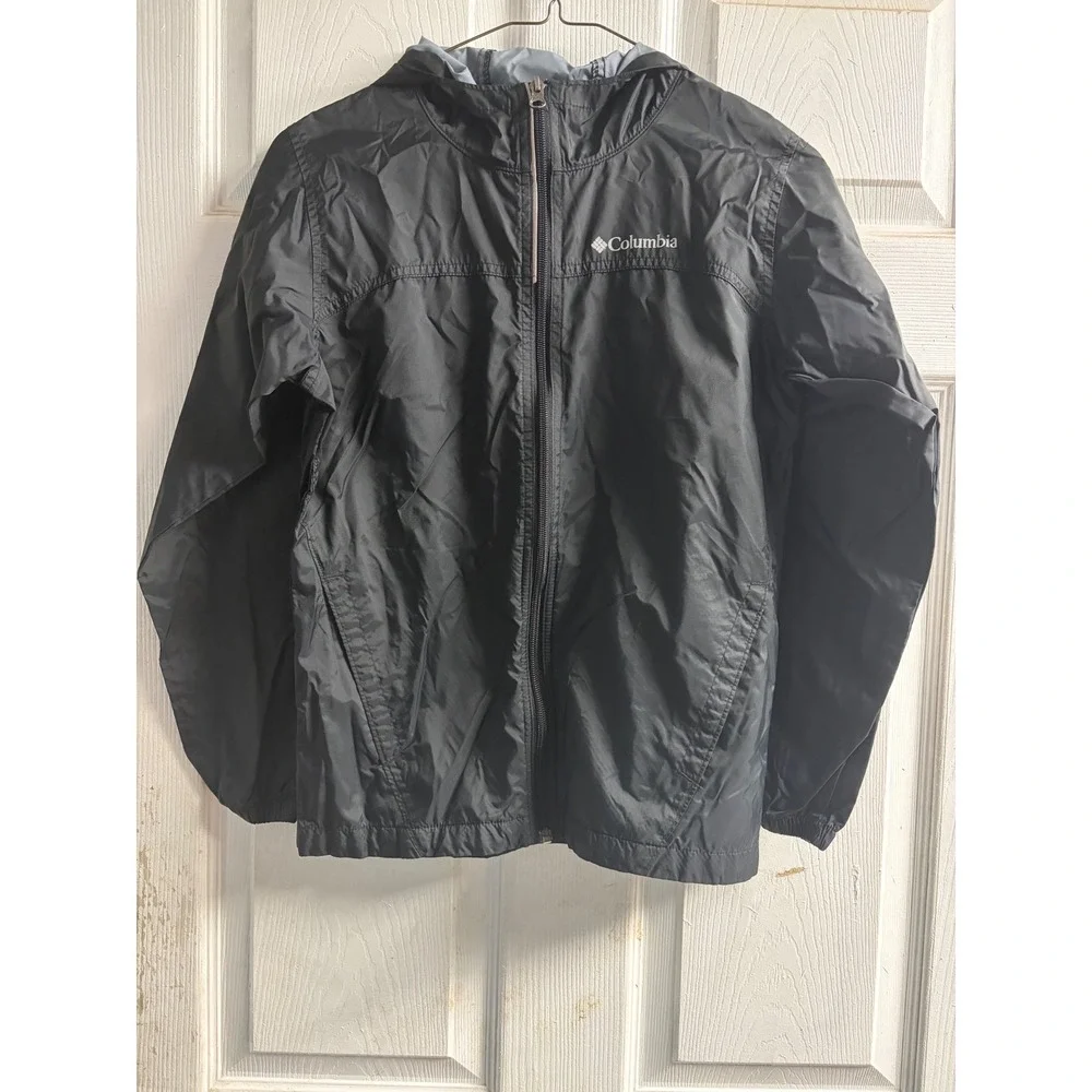 Columbia Boys Black Lightweight Hooded Windbreaker Jacket Size Medium 10-12